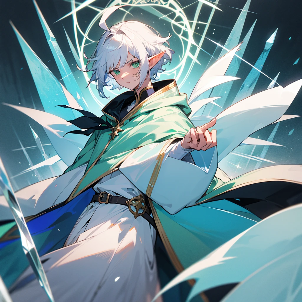 elf, male, silver hair,short hair, medium cut, ahoge, curly hair, green eyes,slender, fair skin, wizard, with a magical wand, green robe, cloak, White gloves, raise right hand￼, intelligent, determined, serious look, spell casting, glowing runes, pillars of ice, crystalline shards, frosty illusions, icy breath, ice magic circle, Blue effect