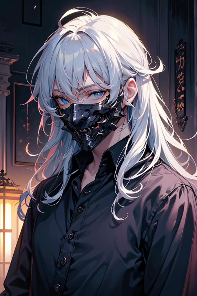 Silver-haired young man, Heterochromia iridis, blue eyes, Deep purple eyes, Wear a collared shirt, In the moonlight, Very detailed, Dramatic lighting, Dark Sci-Fi, Film composition, Gloomy atmosphere, Very detailed, Dramatic lighting, Chiaroscuro, (Men in youth), mask