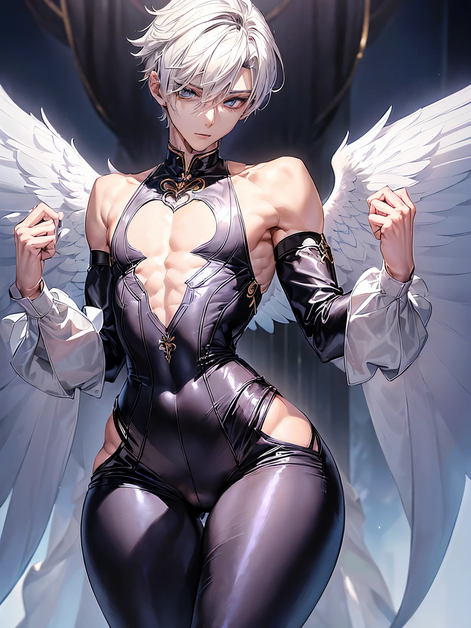 (((1boy))), androgynous young beautiful pretty ((((slim)))) skinny slender archangel boy in tight (laced ornamented full_body outfit) is standing outdoors, (bulge:1.5), ((((wide_shoulders, wide_chest, narrow_waist, thick_thighs, wide_hips))))