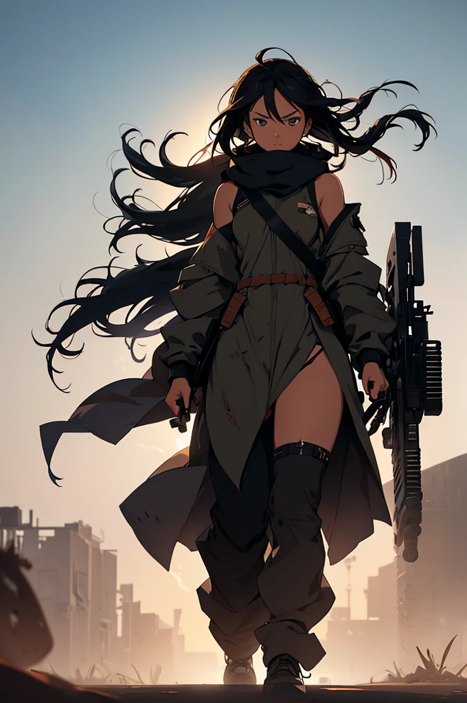 ((anime style painted concept art)), (extreme long shot:1.5), distant figure, small silhouette, solo, full body, female soldier, Black woman, dreadlocks tied messily, toned muscles, (desert, marching alone, carrying a large gatling gun on her shoulder), wearing a hooded heavy coat over her combat gear, dark color, tattered and frayed, dark fabric covering the lower half of her face for dust protection, harsh desert environment, windy, strong winds blowing against her body, sand and dust in the air, cloudy sky, predawn or overcast light, cool silhouette, simple and rough background, emphasizing the struggle against the wind and sand