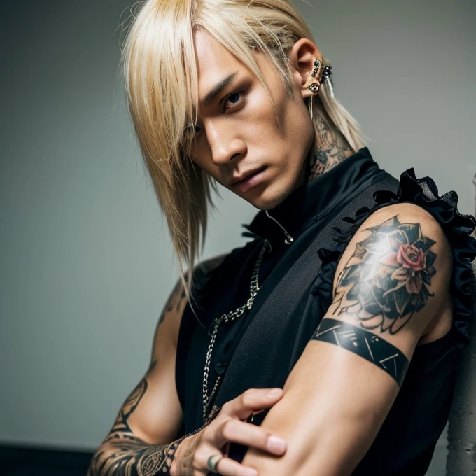 1 man, male, Japanese man, Visual Kai hairstyle, ultra detailed face and body, hyperrealistic, realistic representation, muscular, broad shoulders, tattoos gothic style, piercings, Visual Kei style, hairstyle Visual Kei, blond, long hair, 30 years old, age 30, outfit gothic streampunk, men's shirt and black pants, Asian eyes, eyes Asian, long hair