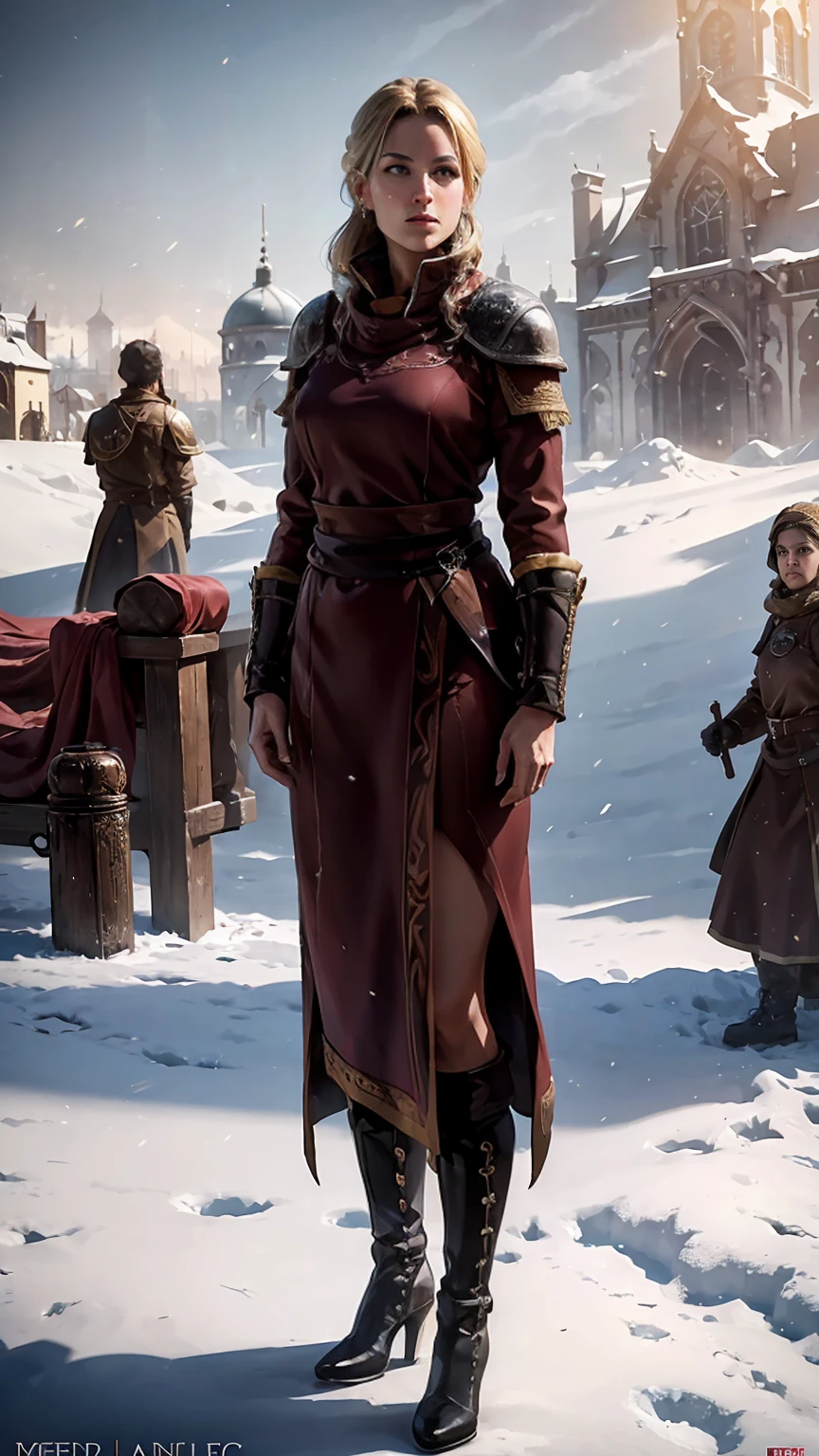 ((full body photo, standing, feet on the ground)) frostpunk, Lena Headey as Cersei Lannister, blonde hair bun, make-up, long maroon fur coat, high heels, earrings, rings, standing in the frozen garden, 1woman, solo, beautiful detailed glow, detailed, cinematic light, intricate detail, realistic, highres, detailed facial features, high detail, sharp focus, smooth, aesthetic, extremely detailed, stamp, octane render