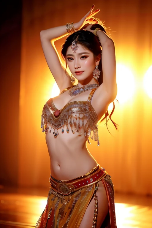 a very beautiful asian belly dancer with great beauty, beautiful detailed eyes, beautiful detailed lips, extremely detailed face and skin, long eyelashes, elegant dancing pose, graceful movements, mesmerizing dance performance, dramatic stage lighting, warm color tones, hyper detailed, photorealistic, octane render, masterpiece, best quality, 8k, ultra-detailed