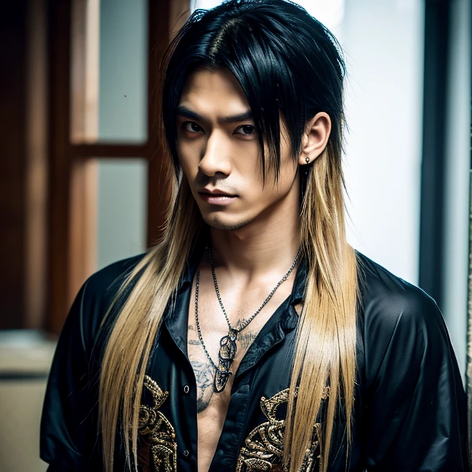 1 man, male, Japanese man, Visual Kai hairstyle, ultra detailed face and body, hyperrealistic, realistic representation, muscular, broad shoulders, tattoos gothic style, piercings, Visual Kei style, hairstyle Visual Kei, blond, long hair, 30 years old, age 30, outfit gothic streampunk, men's shirt and black pants, Asian eyes, eyes Asian, long hair