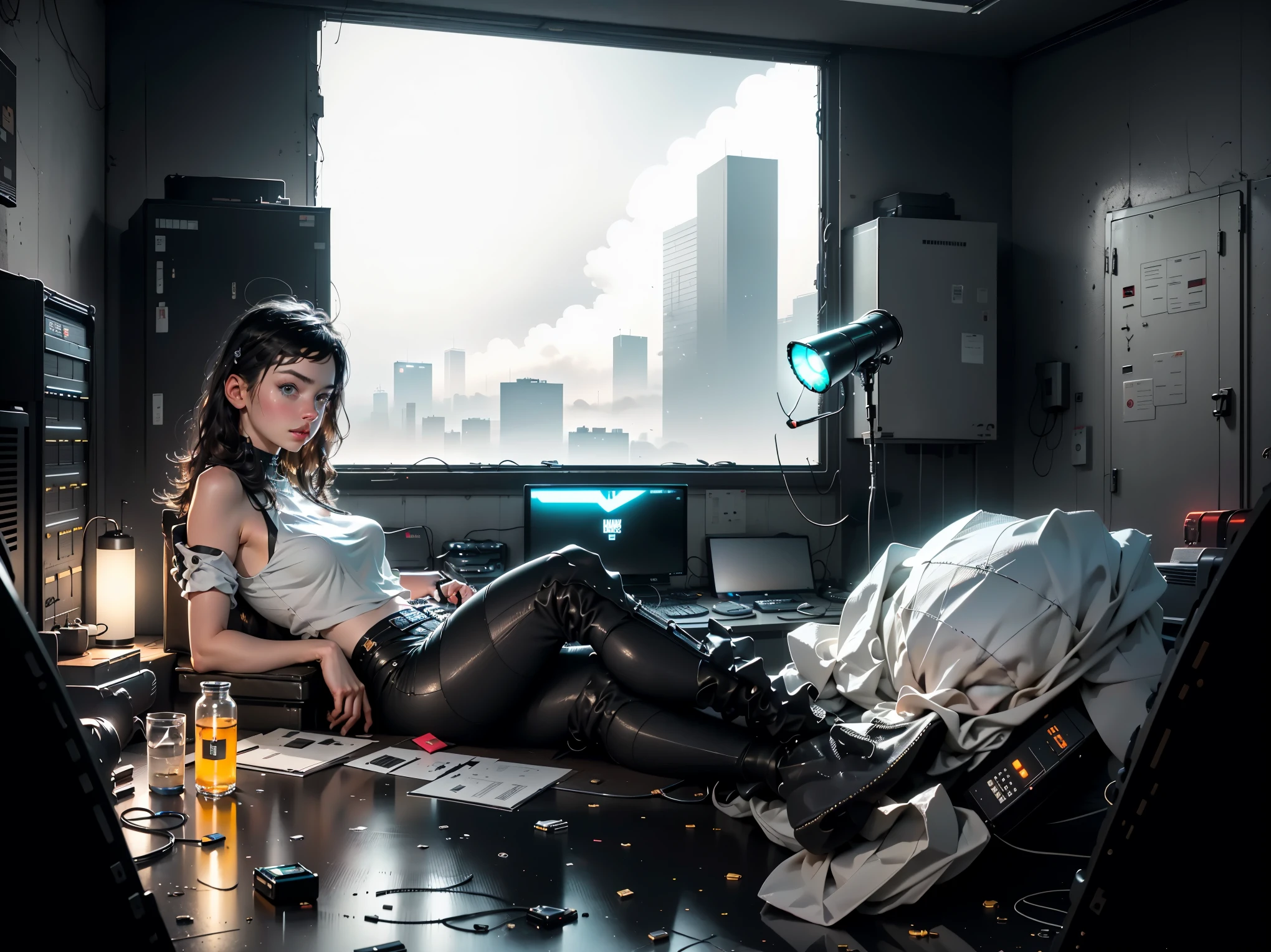 Photorealistic, Cinematic, high quality, Cyberpunk girl sitting at a computer, in an abandoned room with Cables and pipes, Industrial Wall Mounted Fan, Cyberpunk city windows, Dark Environment, Matrix Style, Blade Runner Style, Messy room, Computers and servers, Cables and pipes, industrial setting, fog.