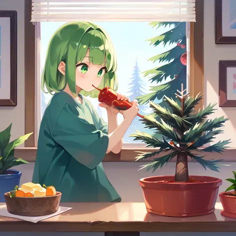 score_9, score_8_excellent, score_7_excellent, score_6_excellent, sauce_anime, (((pine tree in a pot)))、cute girl slime, window,...