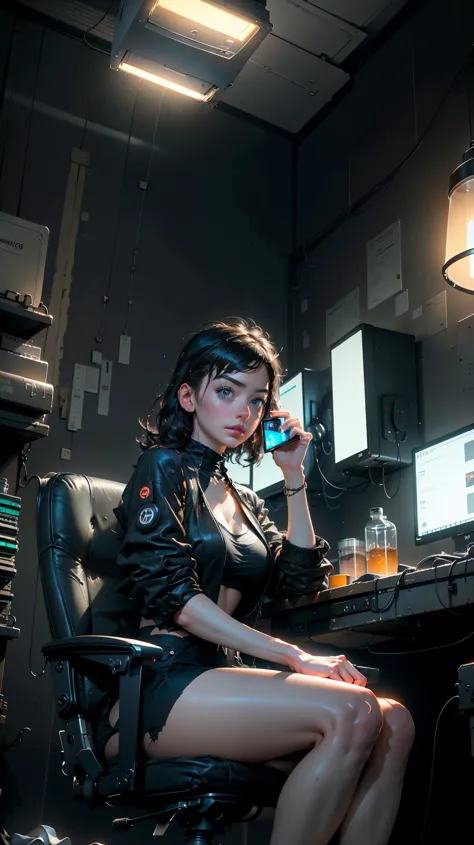 photorealistic, cinematic, high quality, cyberpunk girl sitting at a computer, in an abandoned room with cables and pipes, indus...