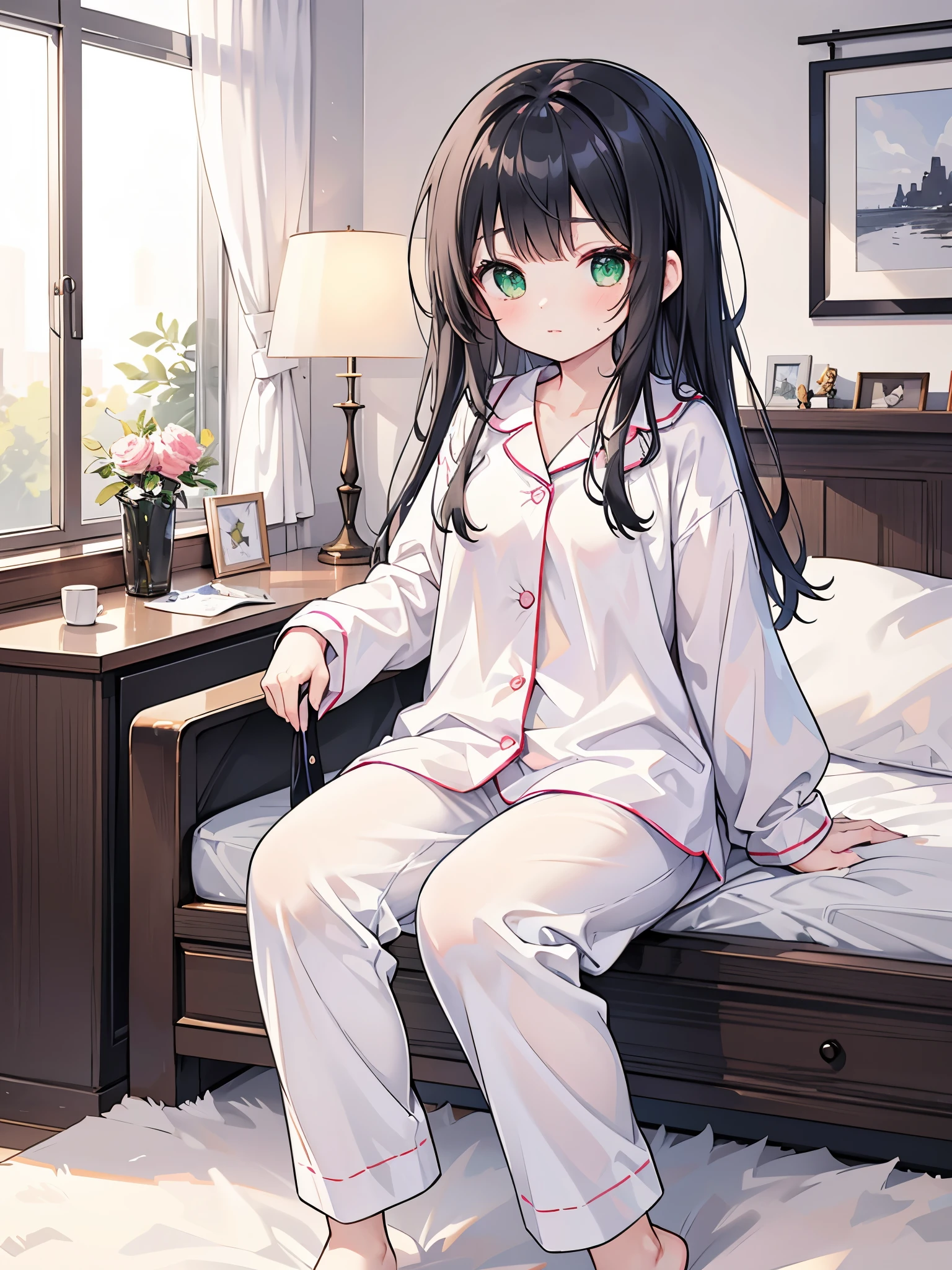 ((Highest quality, 8k, masterpiece: 1.3)),people間の女の子,１people,Petite,Glamorous Body,Curvy,cute,１００年に1peopleの逸材,Sleepy face,((Black Hair)),Long Hair,Beautiful emerald green eyes,Girl sitting on bed,(((薄いピンク色の上下pajamas姿))),((Morning sunshine)),((pajamas,Bedroom)),