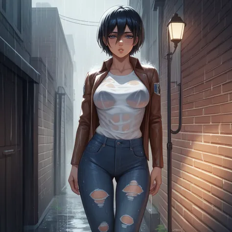 score_9_up, score_8_up, score_7_up, score_6_up,mikasa ackerman from attack on titan, in a dark, rain-soaked alley at twilight, w...