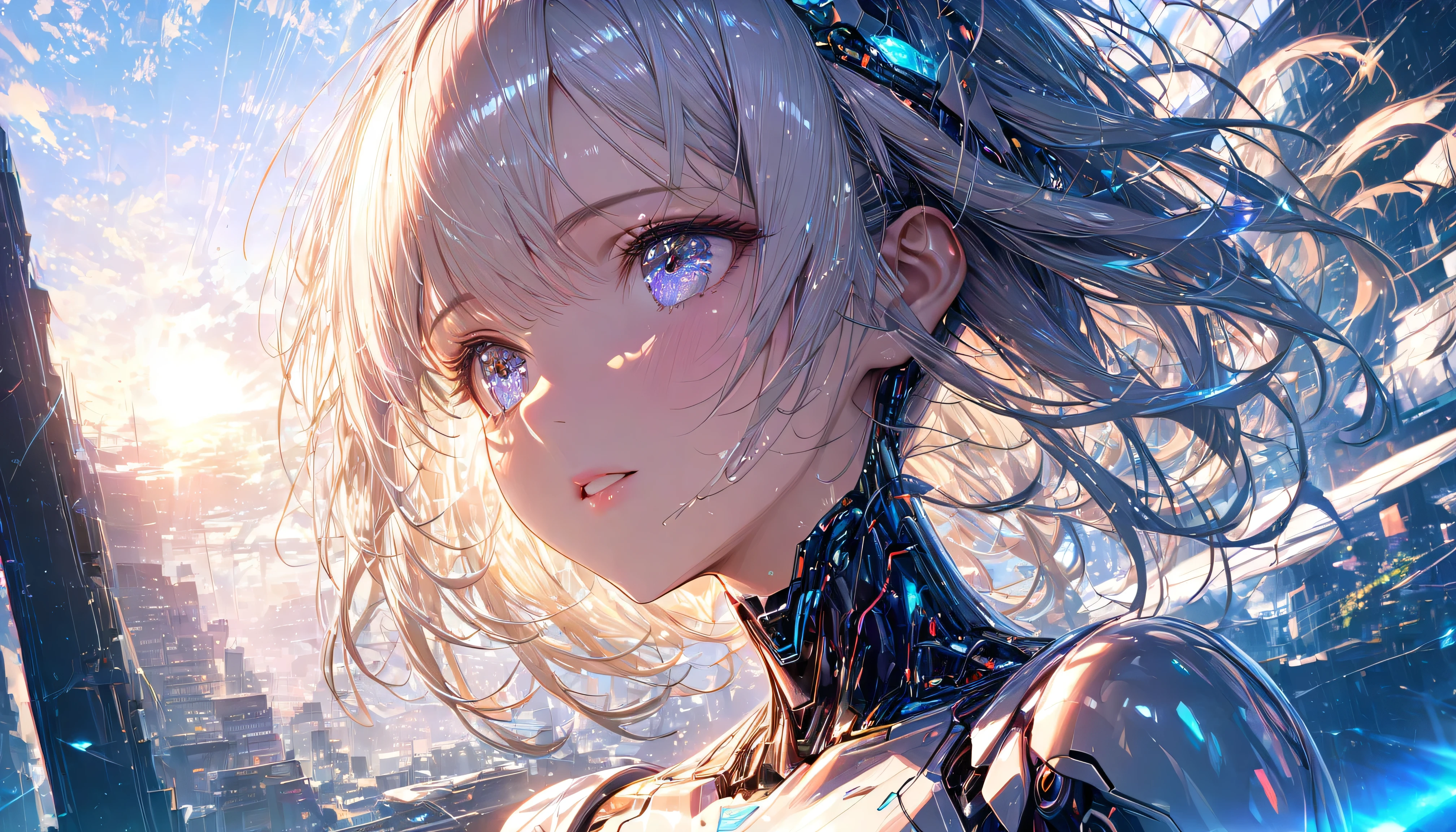 A beautiful futuristic cyborg girl with neural network hair, parted lips, Futurism, Ultra-high resolution, Super Detail, Highest quality, 8k , ,Dynamic Angle, Morning sunshine