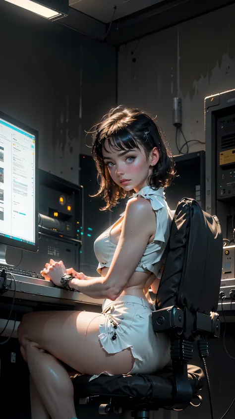 photorealistic, cinematic, high quality, cyberpunk girl sitting at a computer, in an abandoned room with cables and pipes, indus...