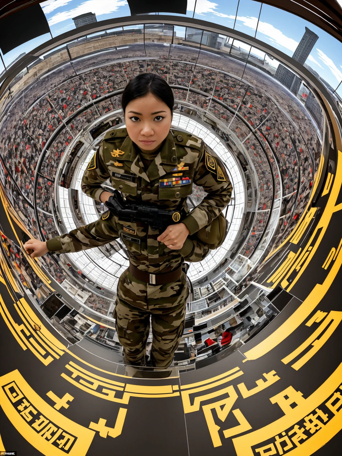 360-degree rotating full-view live-action front view shows a female Army officer wearing a Chinese People&#39;s Liberation Army 98-style tights military uniform with white military gloves on her hands and black long military boots on her feet, showing her complete body appearance and standing with her feet.