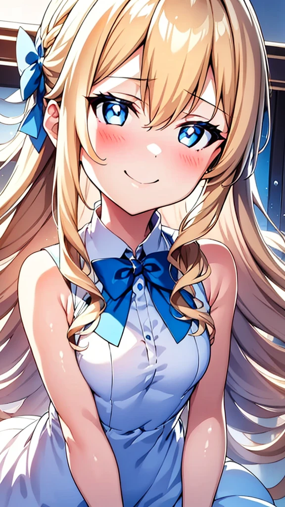 1 girl, blonde hair, blue eyes, white one-piece dress, blue bowtie, light blush, the most beautiful smile, curing smile, looking at viewer, teenage girl