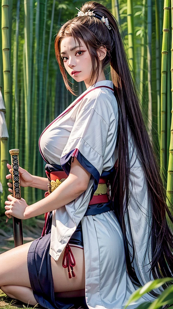 1 woman, high resolution, masterpiece, Best quality, Best quality, Long hair, High Ponytail, Wearing a fox mask on the side of the head, Samurai Kimono，Samurai sword，bamboo forest