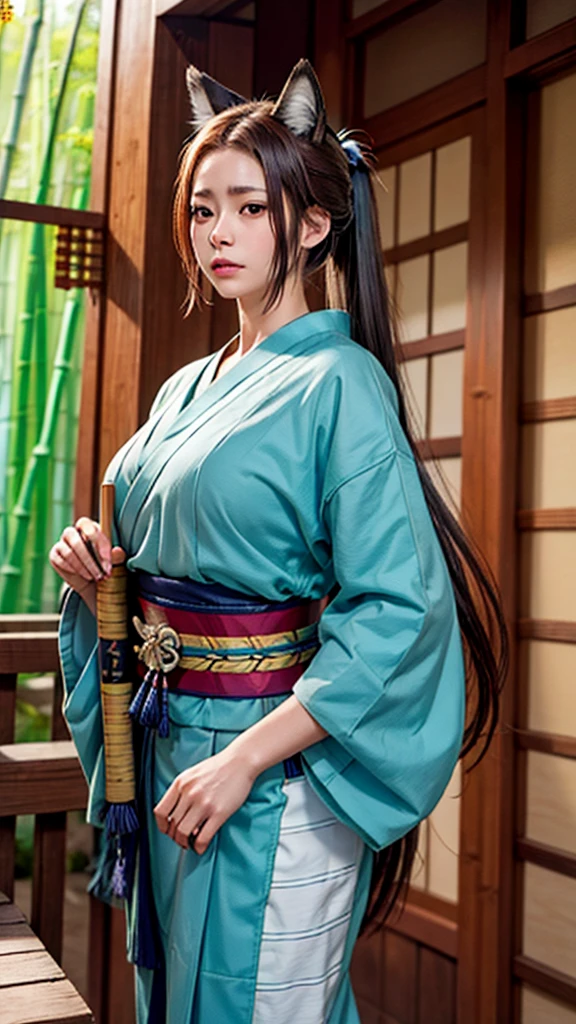 1 woman, high resolution, masterpiece, Best quality, Best quality, Long hair, High Ponytail, Wearing a fox mask on the side of the head, Samurai Kimono，Samurai sword，bamboo forest