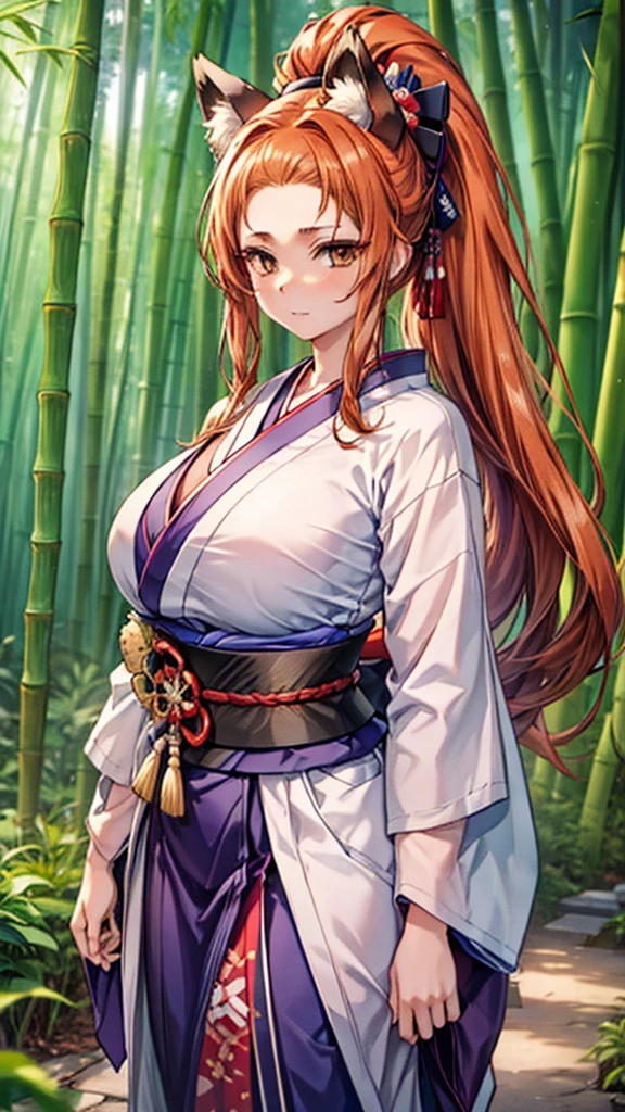 1 woman, high resolution, masterpiece, Best quality, Best quality, Long hair, High Ponytail, Big breasts(d), Fox Mask, Samurai Kimono，Samurai sword，bamboo forest