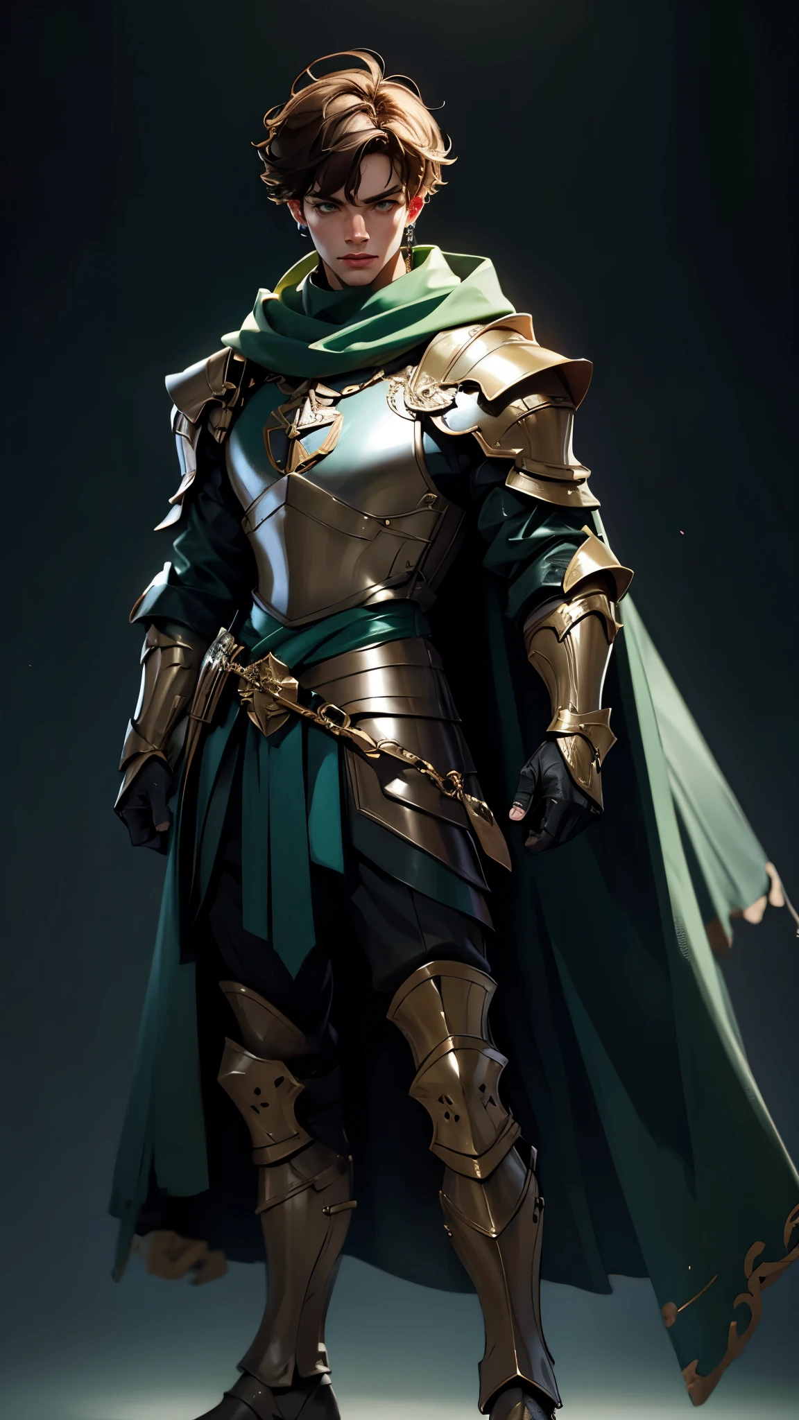 envision a 8k, highres, cinematic, detailed, semi realistic full body pinup of a cute man, with a slender face, big eyes, a slender body, and shaggy short brown hair, green eyes, black gauntlets, shoulder cape, noble, knight armor, (((1boy))), in dark lighting, against a dark background