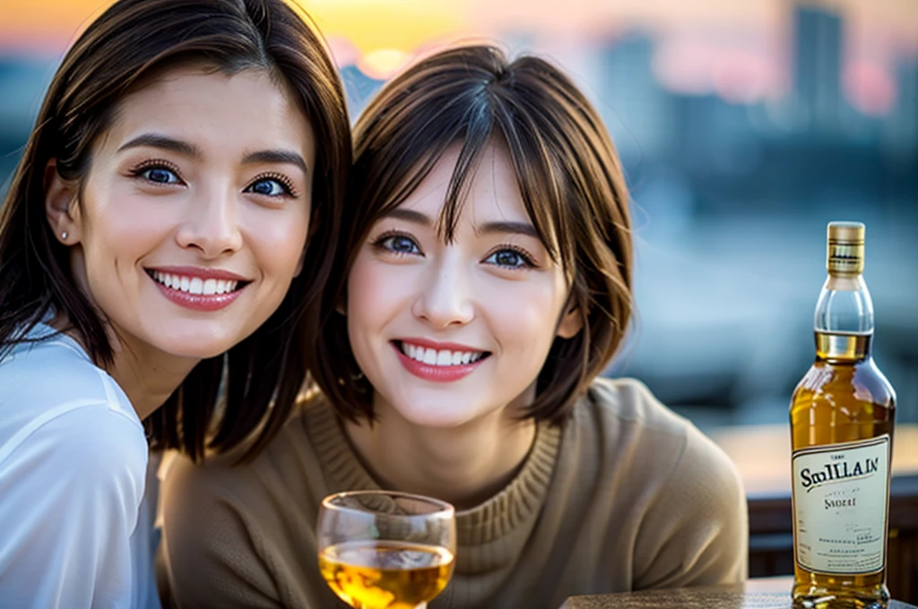 (Realistic, 超Realistic:1.4), 16k hdr, High resolution,Brown short hair,The best smile、Japanese actress,Super Beauty(Like the real thing),Short sleeve dress,Whiskey bottles、The Macallan、Johnnie Walker、、Old Parr、whiskey、Suntory、Nikka、Slim Couple、Model Couple、(Realistic, Intricate details:1.2), full-course dinner、Whiskey bottle and glass on the table、Single Malt、scotch、Rocks glass、Shot Glass、Whisky on the rocks、Scotland、Amazing view of the sunset sky and clouds、,Digital single-lens reflex camera, Soft lighting, Detailed Background, Written boundary depth, Volumetric lighting, Sharp focus, super Realistic 肌,super beautiful expression,Cloud Effect:1.2、プロ品質のHigh resolution、Realistic facial features,Highest quality,Slim figure,Highly detailed face,Highly detailed eyes,Beautiful Lips,Excellent light particles,Cinema Lighting,blue eyes,