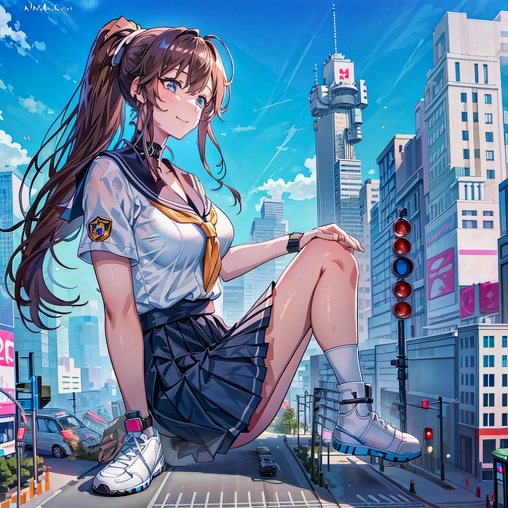 Composition seen from below Blue sky, thunderclouds, sunlight, masterpiece Delicate anime style painting 4K 90's Giant Girl, Female Titan Multiple crowds Big city crowd Many people ((Giant girl sitting in the valley of a skyscraper) High school student)) Big city, Tokyo Akihabara Electric Town, large breasts, high school girl, red school uniform, sailor suit, skirt, transparent costume, lots of sweat, splashes, sneakers, wristwatch, black hair, smile, female giant giant girl full body crowd Unreal Engine, cleavage, drawing, earrings, long hair, cute photo, beauty, analog style, whole body, sneakers, GTS, giant female giant, giant high school girl in the cleavage of buildings, skyscraper district, big city, school uniform,GTS, Giantess Female Giant, huge high school girl in the valley between buildings, skyscraper area, big city, school uniform