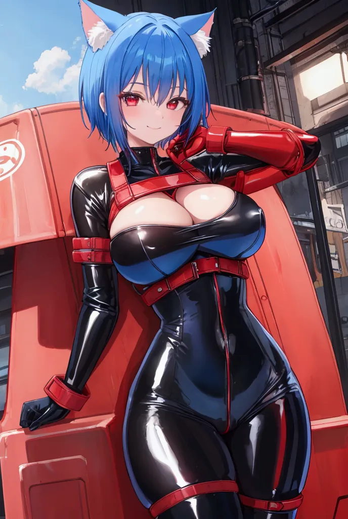 1 girl, breasts, smile, short hair, blue hair, red hair, big breasts, cat ears, black and red latex suit