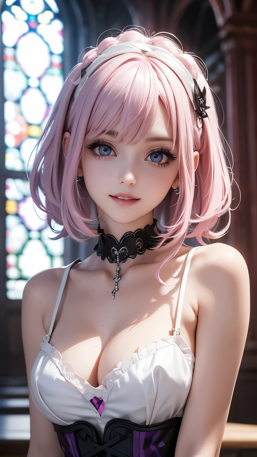 (masterpiece, Highest quality), Intricate details, thin, ((slim)), beautiful girl, Light pink hair, White skin, Light purple eyes, Sharp jawline, church, Gothic Lolita fashion, Choker, Messy Hair, lips, Upper Body, close, Grin, 