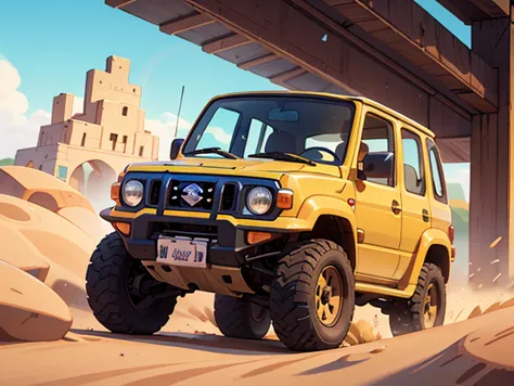 Octane Rendering、(Hyper Detail: 1.2)、(Soft Light、sharp: 1.2)、morning、In the desert、Sand pile，Very small old red modified Suzuki Jimny rally car，Front spoiler，Rear wing，Over fender，Very short dress、Cute young girl，Driving a car，Dynamic Driving Experience，Sand Planet，Desert Rally，Fast and Agile，Jump big，sneakers，Anatomically correct，Laughter，Dazzling Light，It will happen:1.2，Tamiya box art:1.2，