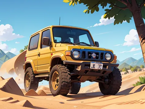 Octane Rendering、(Hyper Detail: 1.2)、(Soft Light、sharp: 1.2)、morning、In the desert、Sand pile，Very small old red modified Suzuki Jimny rally car，Front spoiler，Rear wing，Over fender，Very short dress、Cute young girl，Driving a car，Dynamic Driving Experience，Sand Planet，Desert Rally，Fast and Agile，Jump big，sneakers，Anatomically correct，Laughter，Dazzling Light，It will happen:1.2，Tamiya box art:1.2，