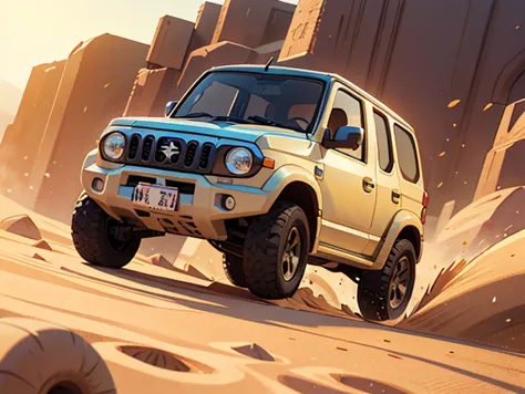 Octane Rendering、(Hyper Detail: 1.2)、(Soft Light、sharp: 1.2)、morning、In the desert、Sand pile，Very small old red modified Suzuki Jimny rally car，Front spoiler，Rear wing，Over fender，Very short dress、Cute young girl，Driving a car，Dynamic Driving Experience，Sand Planet，Desert Rally，Fast and Agile，Jump big，sneakers，Anatomically correct，Laughter，Dazzling Light，It will happen:1.2，Tamiya box art:1.2，