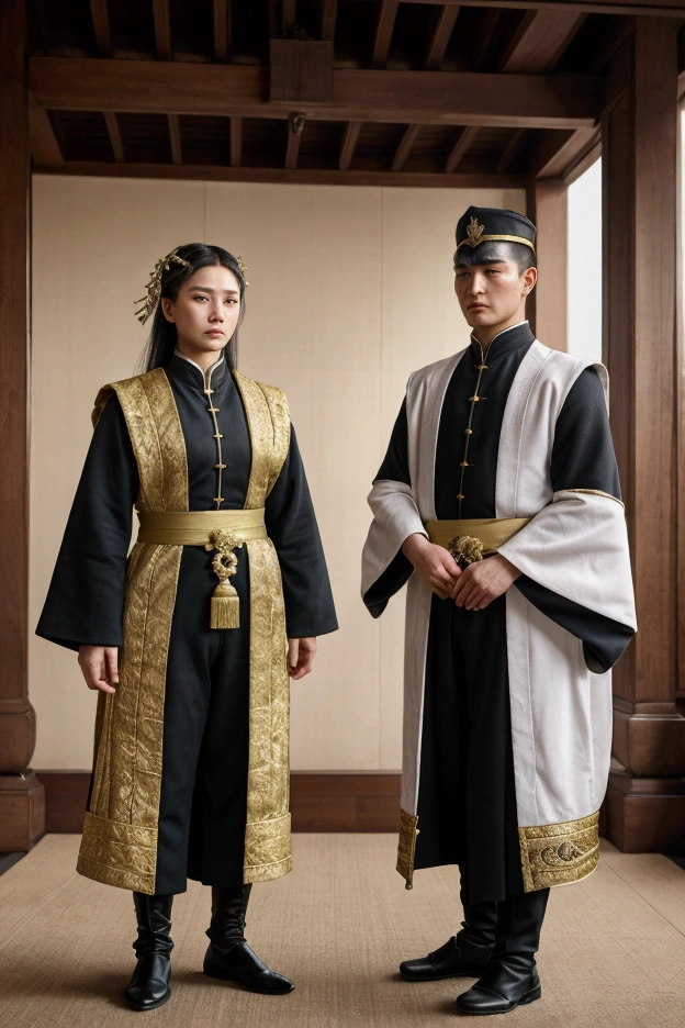 Three men in military uniforms standing in a row holding swords。, Three future princes, Each one dressed in period appropriate clothing, Gweiz-style artwork, Full body martial arts, Inspired by Zhang Senyao, Jan J, Cai Xukun, From Girls Frontline, Elegant attire of the imperial royal family, Girls Frontline Style, Sengoku period art style, Haise Jinyao