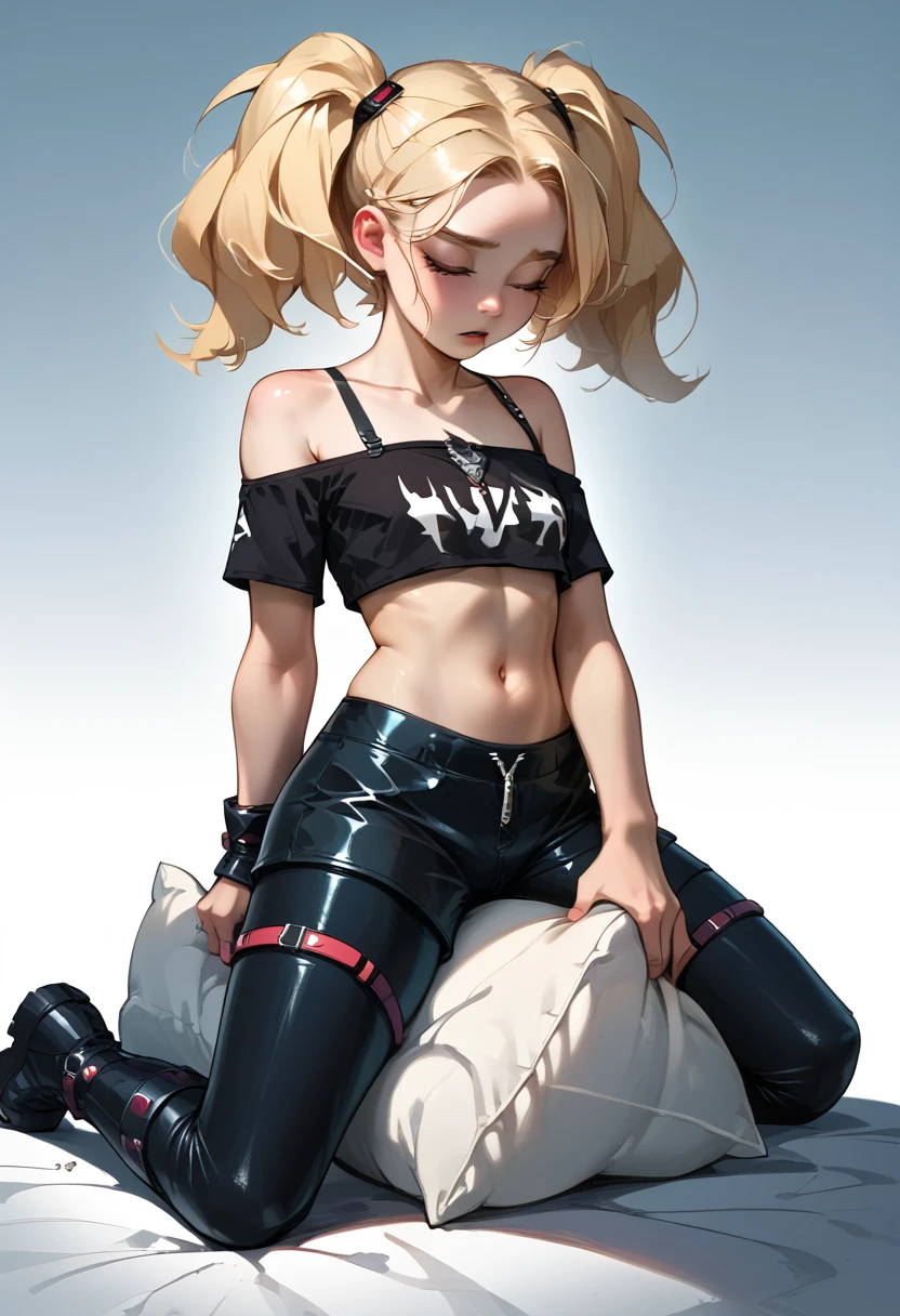 tight black latex bike shorts, loose off the shoulders red crop top, visible bra straps, 2, young adult, rebelious, thick black leather boots, very long blonde twintails, fishnet pantyhose, kneeling, humping her pillow, crotch rub, arching her back, holding back laughter