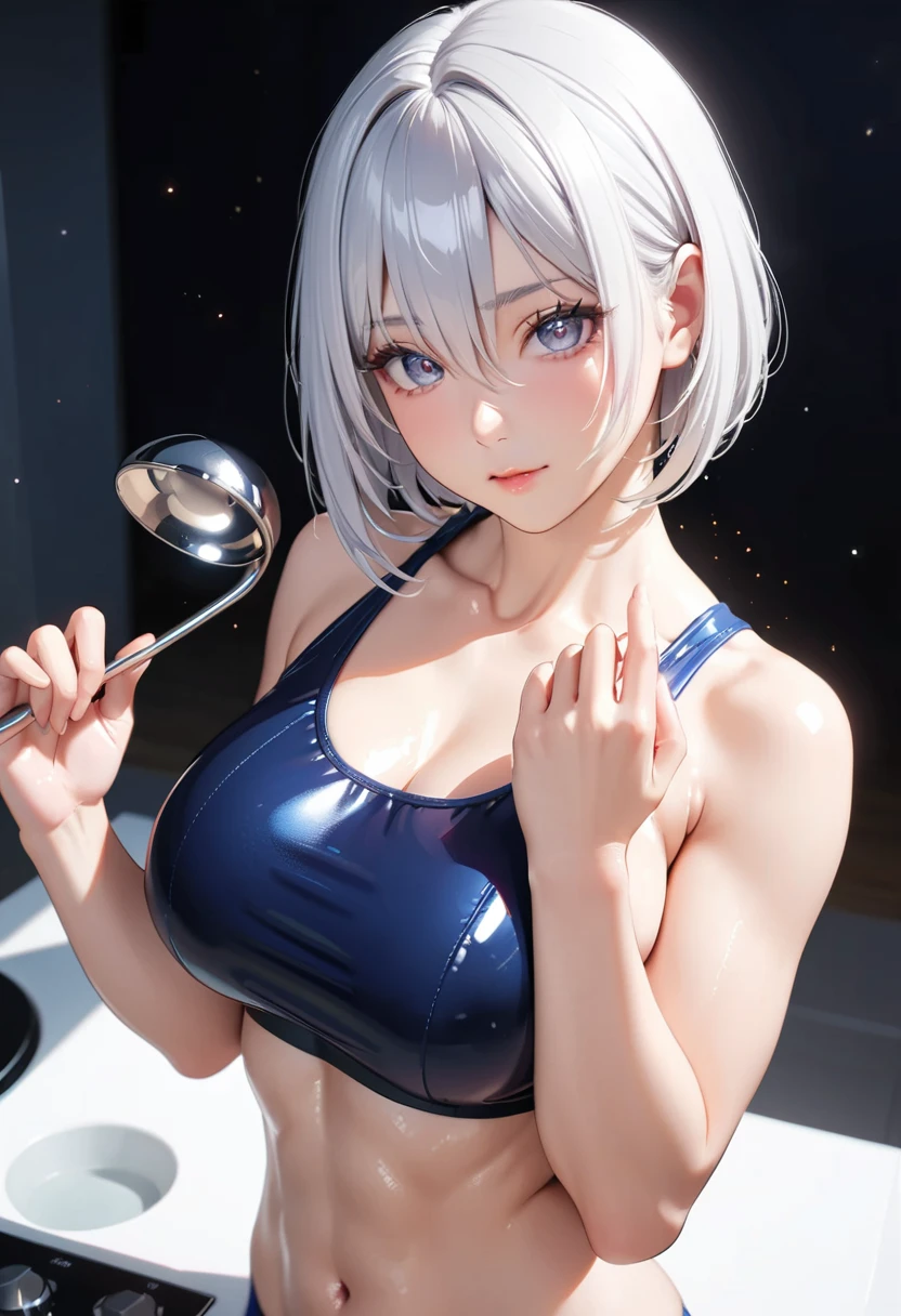 masterpiece, glowing particles, ambient lights, cute, 8K, hdr, high details, perfect lighting, perfect anatomy, BREAK (shiny silver hair:1.2), (bob cut, bang between eyes, beautiful hair), (glossy silver eyes:1.5), (beautiful eyes, twinkle eyes, large eyes), (athlete body, slender, large breasts), cute face, beautiful face, pretty face, beautiful, best quality, good anatomy, long eyelashes, expressive eyes, Perfect Hands, perfecteyes, BREAK 1girl, The girl placed a tall pot on the ignited stove and stirred the curry in it with a ladle in her right hand