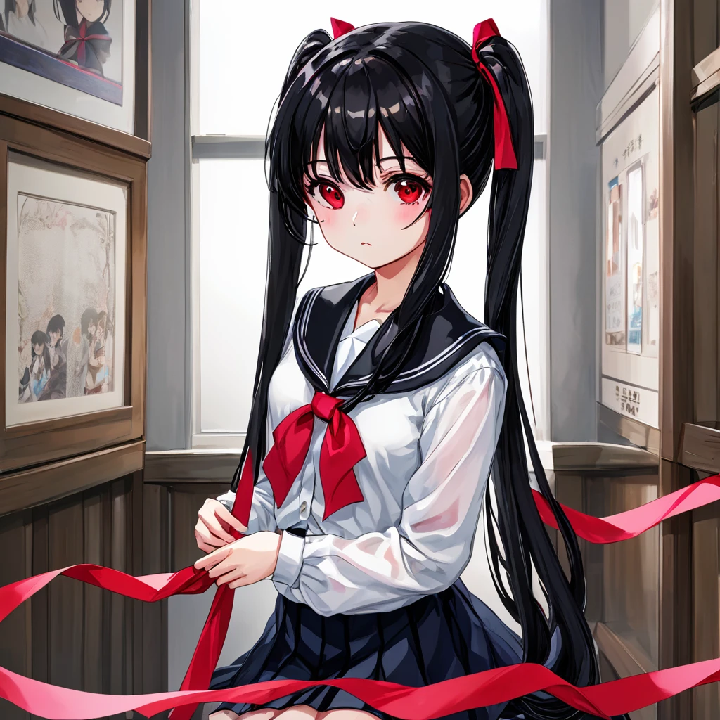 (High resolution, 8k, best quality, masterpiece, ultra detailed), anatomically correct, anime, 1girl, very long low twintails, red ribbon, very long low pigtails, black hair, serafuku, black sailor collar, white blouse, pink neckerchief, school, from front