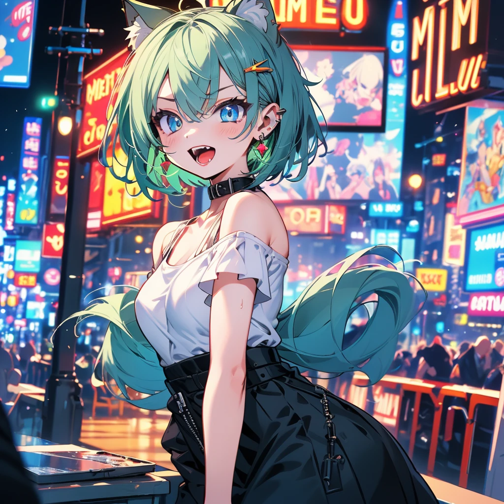 (8k, RAW Photo, Top Quality, Refined Details, Masterpiece: 1.2), (High Resolution 8k Wallpaper), Sharp Focus, Professional Lighting, Depth of Field, Cinematic Lighting, Background Blur, (1Girl:1.2),(small breasts:1.4), (green hair),(cold shoulder top),(midi skirt), animal ears, short hair, earrings, cat ears, blue eyes,(bold outline:1.4),(comic illustration:1.4),The background is a movie theater