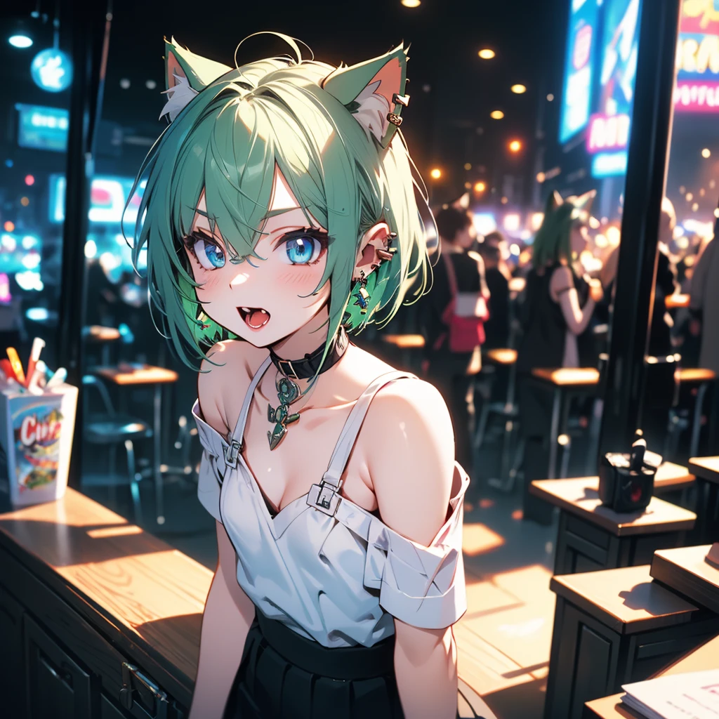 (8k, RAW Photo, Top Quality, Refined Details, Masterpiece: 1.2), (High Resolution 8k Wallpaper), Sharp Focus, Professional Lighting, Depth of Field, Cinematic Lighting, Background Blur, (1Girl:1.2),(small breasts:1.4), (green hair),(cold shoulder top),(midi skirt), animal ears, short hair, earrings, cat ears, blue eyes,(bold outline),(comic illustration),The background is a movie theater