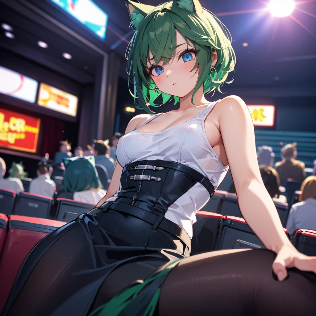 (8k, RAW Photo, Top Quality, Refined Details, Masterpiece: 1.2), (High Resolution 8k Wallpaper), Sharp Focus, Professional Lighting, Depth of Field, Cinematic Lighting, Background Blur, (1Girl:1.2),(small breasts:1.4), (green hair),(cold shoulder top),(midi skirt), animal ears, short hair, earrings, cat ears, blue eyes,(bold outline),(comic illustration),The background is a movie theater