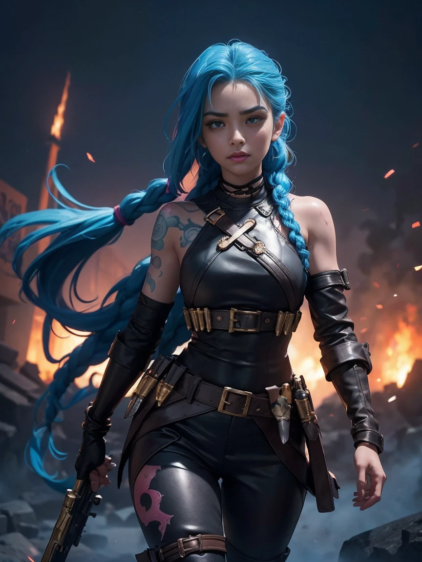 Jinx's character design, Holding a grenade launcher in the shape of a shark, crying, Hot Pink Tears, shoots, Screams, Explosions in the background, half naked, beautiful breasts, Sexy, Arcane's Jinx, sexypose, waves his hand, Pink glowing eyes, hairlong, hairsh, braided into long braids, Pigtails hang below the knee, Hair color changes from bright blue to navy blue, Dressed in brown breeches, Leather boots on the feet, Top with four gold circles on the chest in the middle of the chest, Blue cloud tattoos on shoulders and waist, Long bangs, hanging on the right side, Belt with cartridges on the belt, A pistol in a holster on his left leg, Arcane style, extremely detailed CG unity 8k wallpaper, detailed light, Cinematic lighting, chromatic aberration, glittering, expressionless, epic composition, dark in the background, Cherecter Desing, Very detailed, Detailed body, Vibrants, Detailed Face, sharp-focus, anime art, Vibrants, Detailed Face, Hugh Details, sharp-focus, Very drooping face, A detailed eye, super fine illustration, better shadow, finely detail, Beautiful detailed glow, Beautiful detailed, Extremely detailed, expressionless, epic composition, Presented at artstation, Octane Render, artstation hd, Cinematic, 4 thousand., hypermaximalist, elegant