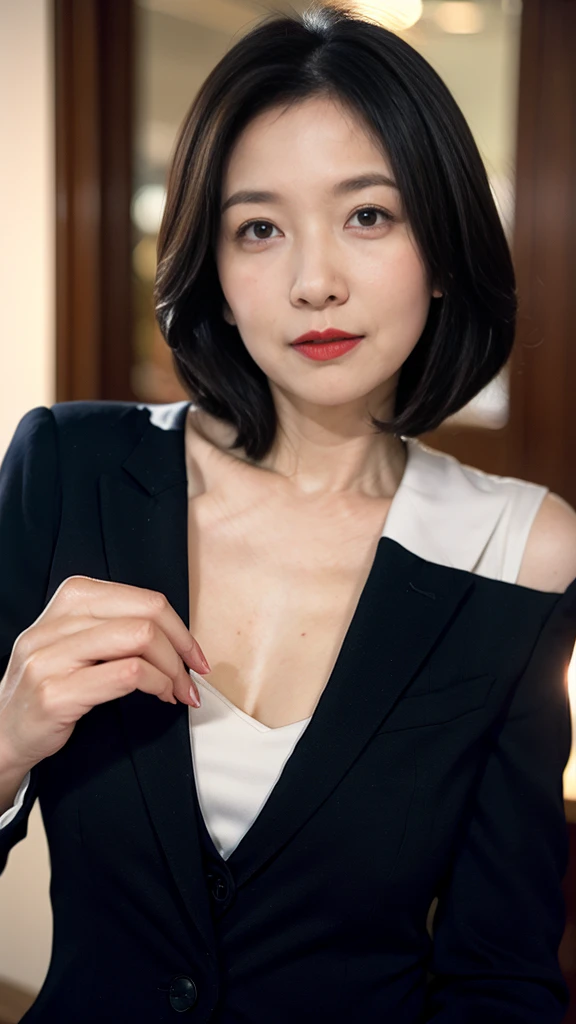 masterpiece, ((Great Focus)), 32K, Beautiful finish, Beautiful mature woman、6 woman、Photo of your ID、Plotting something, Short Bob, Red lips, Thin lips, suit、round 1, Light from the front,