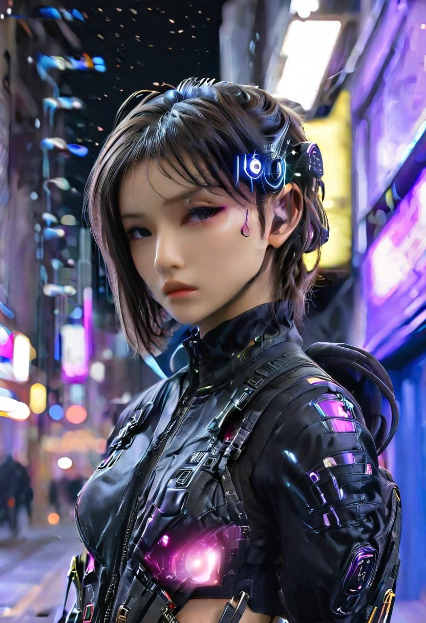 (front view:1.4), close-up portrait, (1girl:1.5), 20 year old, solo, black spacesuit, bangs, brown(short hair neat:1.2),_background, The atmosphere of the bright city at night, purple neon light, backpack, zipper, urban techwear, outfit, sexy body