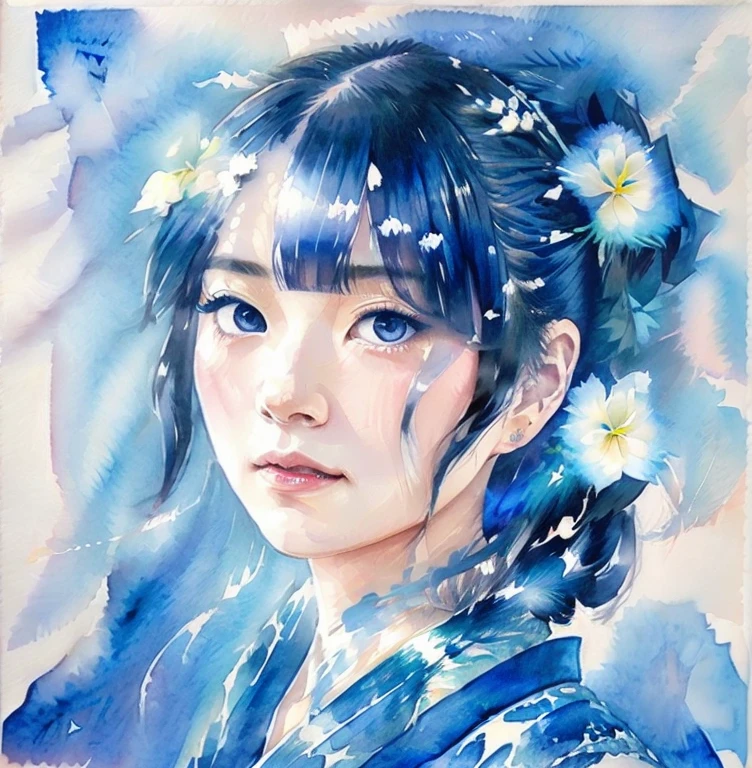 (rough),((pale)),(Light shades),Dripping、One Japanese woman,((clear)),Japan actress、Portraiture、Black Hair、Simple updo、Braided Chignon、semi-long、Blue theme、blue、navy blue、White theme、((pale色使い))、((blue watercolor))、Blurred colors、Ink Painting, Portraiture, , Girl in Kimono,、Japanese painting、Hydrangea、粗くpale:1.5