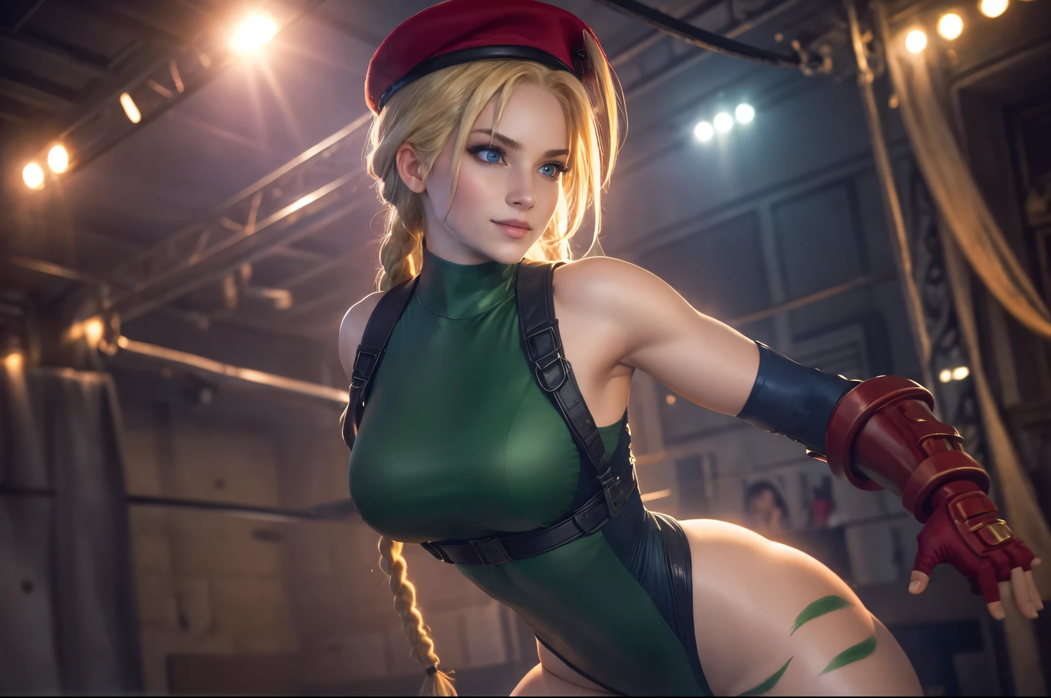 Cammy white da street fighter,(best quality, 4K,8k,high resolution,work of art:1.2)(weather: sunny), boxing stadium background, boxing ring, long braided hair, blonde hair, harness, leotard, garrison cap, gloves, thigh high stockings, boots, ultra detailed,realistic,beautiful detailed blue eyes, beautiful detailed lips,extremely detailed eye and face, long eyelashes,average,large breasts,flying hair,beaming smile, sexy smile, powerful girl, bright coloured, dramatic lighting, combat stance,