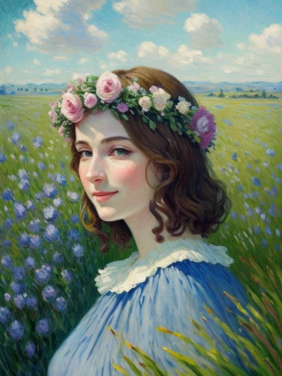 there is a woman wearing a flower crown in a field, masterpiece on canvas in the style of Claude Monet, ClaudeMonet,A middle-aged brunette woman, ssmile, Extremely beautiful, Detailed landscape, Hyper-realistic, Elements of symbolism and surrealism, intricatedesign, Foliage, florals, landscape, pastel colour, Blue details, pink details, The woman looked at the audience, Directly on the camera.