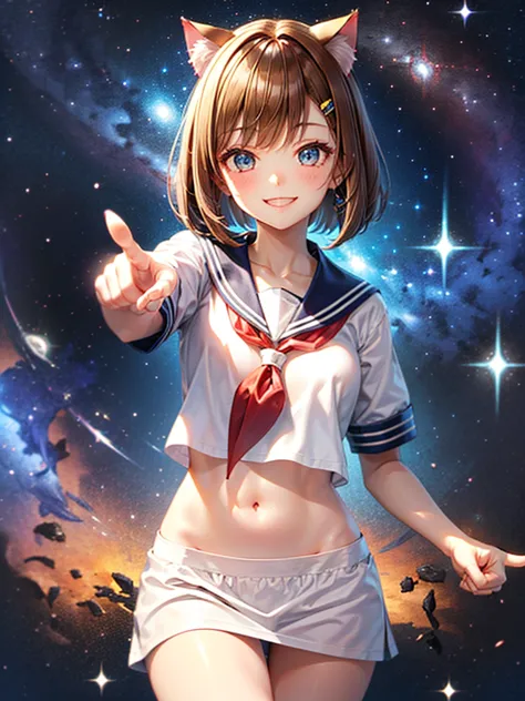 a beautiful smiling girl in a sailor suit,cat ear,brown hair short bob,front,very beautiful eyes,universe,milky way,(((pointing)...