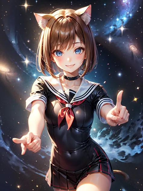 a beautiful smiling girl in a sailor suit,cat ear,brown hair short bob,front,very beautiful eyes,universe,milky way,(((pointing)...