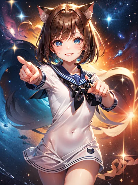 a beautiful smiling girl in a sailor suit,cat ear,brown hair short bob,front,very beautiful eyes,universe,milky way,(((pointing)...