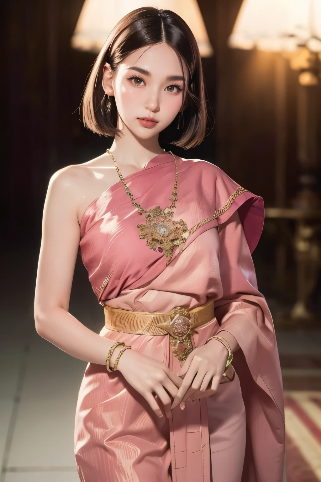 (RAW photo:1.2), (photorealistic:1.4),(masterpiece:1.3),(best quality:1.4),ultra high res,(detailed eyes),(detailed facial features),(detailed clothes features),HDR,8k resolution, solo focus,thai tradition dress,tradition shawl ,golden jewelry,1 girl ,facing to viewer,full body, depth of field,cinematic light,(adorable  girl with rim lighting :1.2), (((perfect body shape ))),,2 ,(Eurasian face),(pale skin),(gorgeous short hair:1.1),(dark hair:1.11)