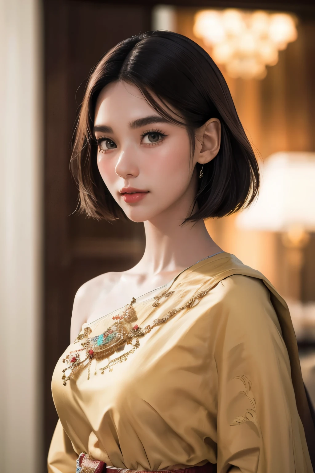 (RAW photo:1.2), (photorealistic:1.4),(masterpiece:1.3),(best quality:1.4),ultra high res,(detailed eyes),(detailed facial features),(detailed clothes features),HDR,8k resolution, solo focus,thai tradition dress,tradition shawl ,golden jewelry,1 girl ,facing to viewer,full body, depth of field,cinematic light,(adorable  girl with rim lighting :1.2), (((perfect body shape ))),,2 ,(Eurasian face),(pale skin),(gorgeous short hair:1.1),(dark hair:1.11)