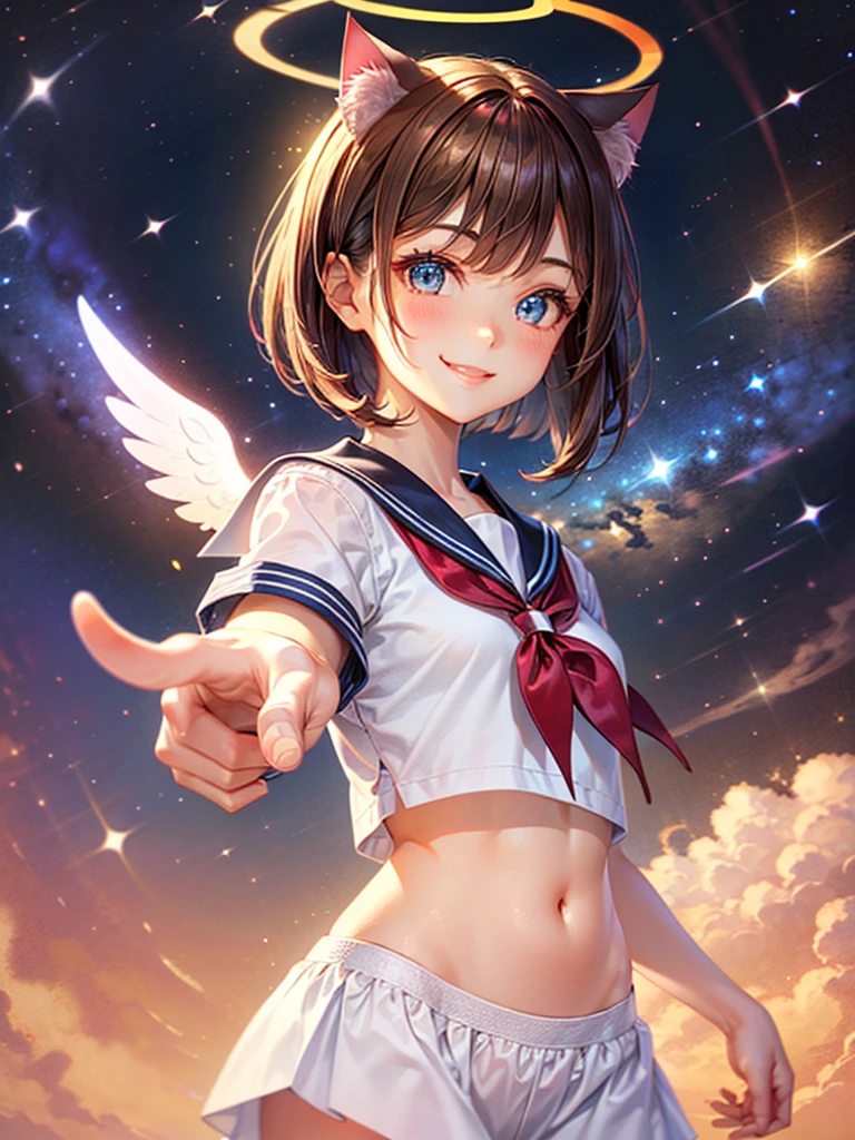 A beautiful smiling girl in a sailor suit,Halo,Cat ear,Brown hair short bob,front,Very beautiful eyes,universe,Milky Way,(((Pointing with one hand))),White angel wings on your back,