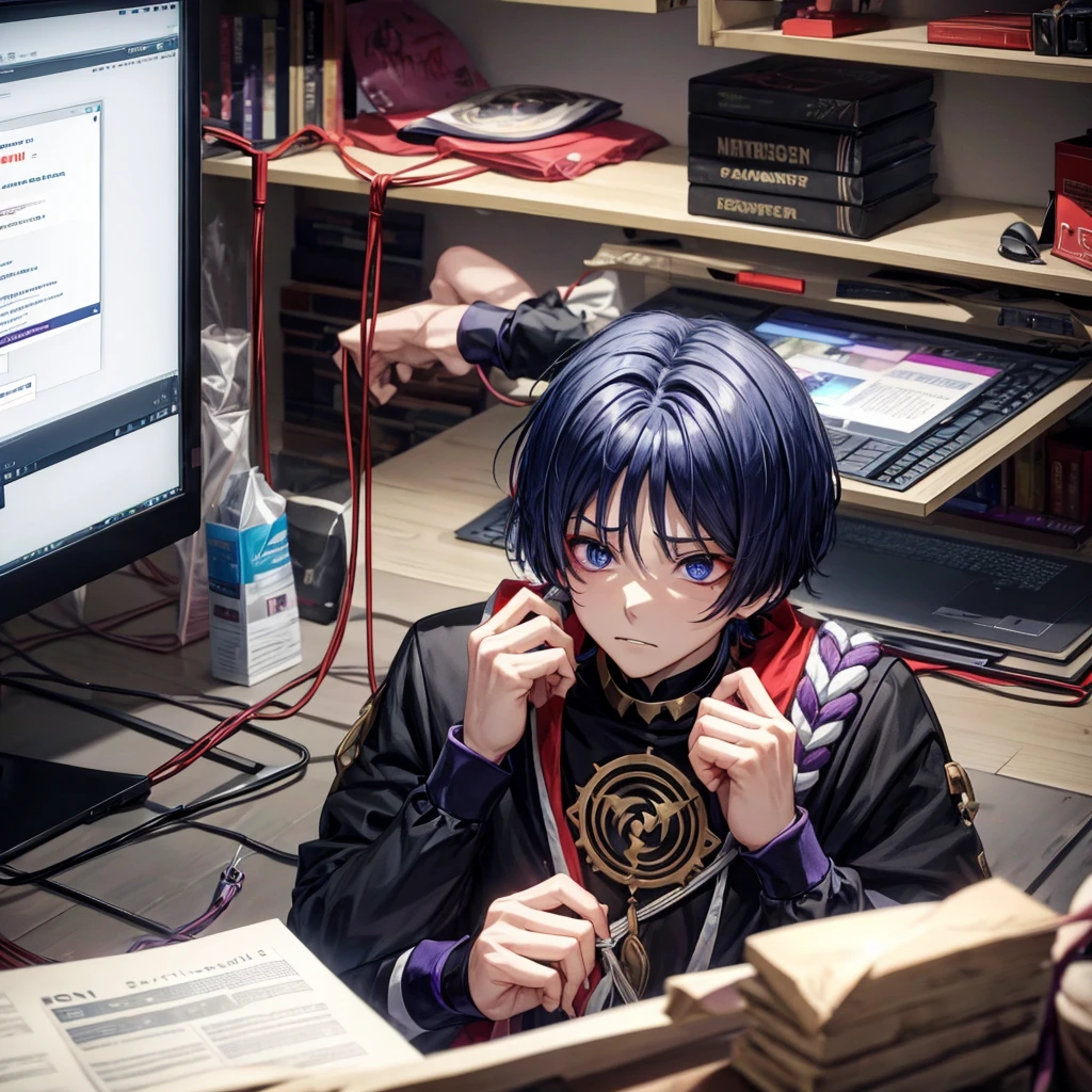 Scaramouche as a hikikomori, inside a messy room, in front of pc screen, looking at computer, wearing headphones, eye bags, stressed expression, nighttime, masterpice, high quality