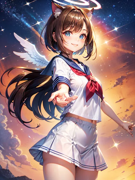 a beautiful smiling girl in a sailor suit,halo,cat ear,brown hair short bob,front,very beautiful eyes,universe,milky way,(((poin...