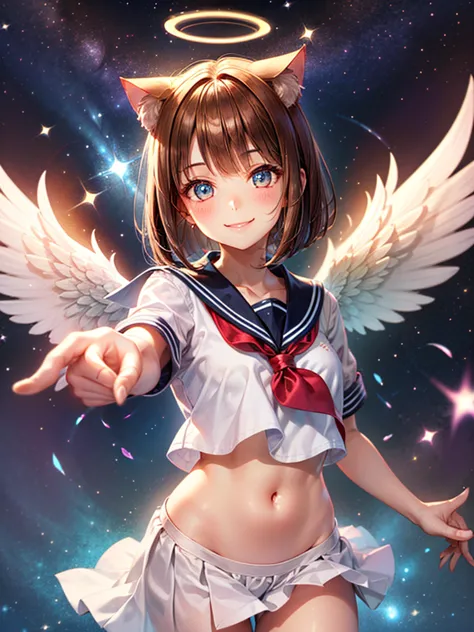 a beautiful smiling girl in a sailor suit,halo,cat ear,brown hair short bob,front,very beautiful eyes,universe,milky way,(((poin...